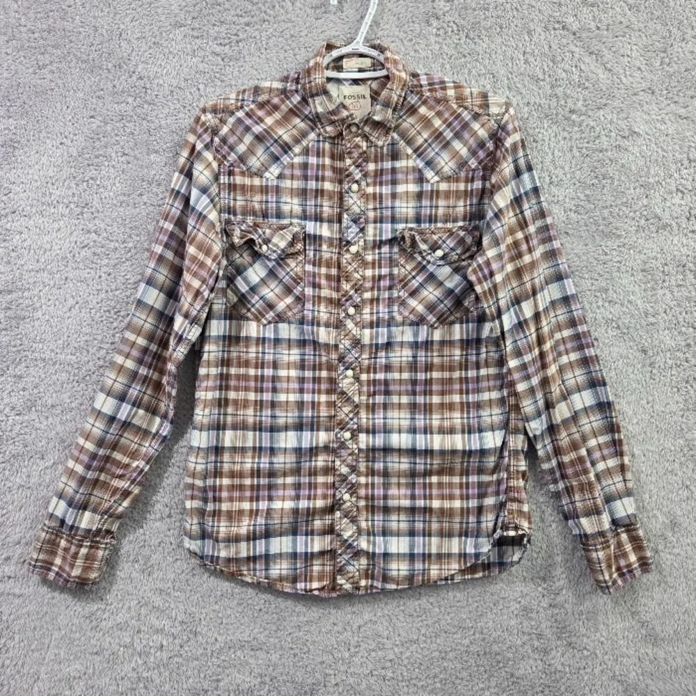 Fossil 54 Authentic Men's Small Vintage Fit Plaid Western Pearl Snap Shirt Brown